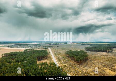 Vista aerea della strada attraverso il paesaggio della zona di deforestazione. Foresta di Pino Verde nella zona di deforestazione. Vista dall'alto del paesaggio del campo e della foresta. Vista drone Foto Stock