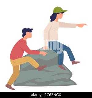 Bambini seduti sulla roccia che punta in lontananza, bambini all'aperto Illustrazione Vettoriale