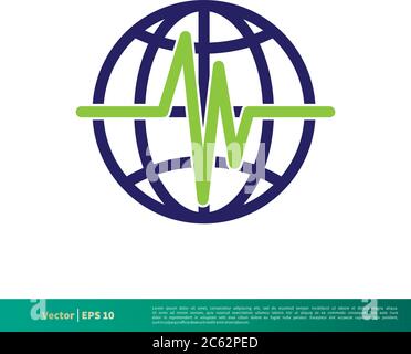 Diagramma del cardiogramma del polso e modello del logo vettoriale con icona a globo. EPS vettoriale modificabile 10. Illustrazione Vettoriale