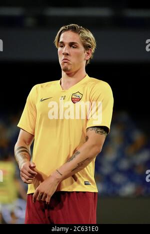 Nicolò Zaniolo di Roma allenarsi prima della partita Serie A TIM tra SSC Napoli e ROMA il 05 2020 luglio a Napoli (Italia) allo Stadio San Paolo Foto L Foto Stock