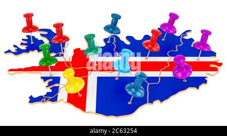 Mappa dell'Islanda con spille colorate, rendering 3D isolato su sfondo bianco Foto Stock