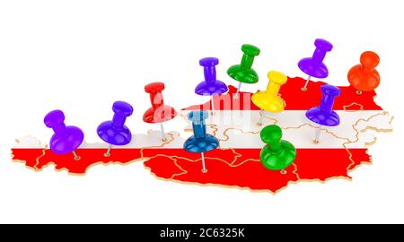 Mappa dell'Austria con spille colorate, rendering 3D isolato su sfondo bianco Foto Stock