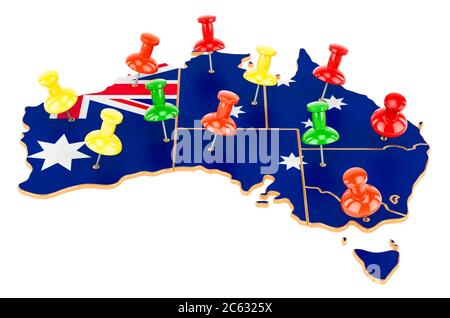Mappa dell'Australia con spille colorate, rendering 3D isolato su sfondo bianco Foto Stock