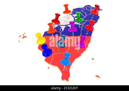 Mappa di Taiwan con spille colorate, rendering 3D isolato su sfondo bianco Foto Stock