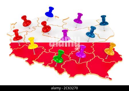 Mappa della Polonia con spille colorate, rendering 3D isolato su sfondo bianco Foto Stock