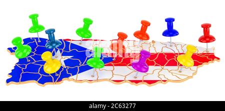 Mappa di Porto Rico con pin colorati, rendering 3D isolato su sfondo bianco Foto Stock