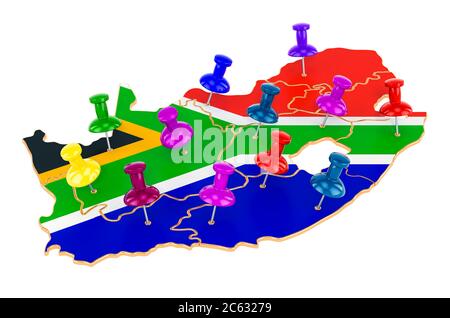 Mappa del Sud Africa con spille colorate, rendering 3D isolato su sfondo bianco Foto Stock