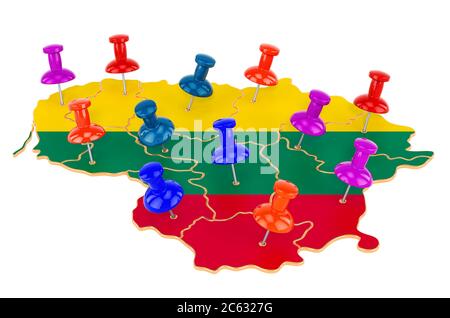 Mappa della Lituania con spille colorate, rendering 3D isolato su sfondo bianco Foto Stock
