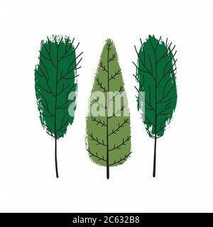 Disegno di un insieme di simboli di alberi vettoriali. Albero verde di corsa di pennello Illustrazione Vettoriale