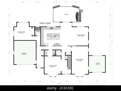 Piano. Appartamento Blueprint con elementi di costruzione. Progetto casa. Piano del pavimento. Foto Stock