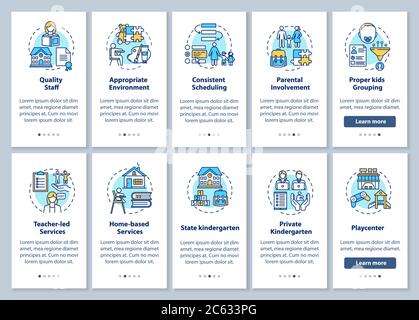 Caratteristiche degli asili e tipi di formazione prescolare sullo schermo della pagina dell'app mobile di onboarding con set di concetti Illustrazione Vettoriale