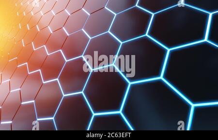 Sfondo luminoso di esagoni blu nero e arancione su rendering 3D con superficie in metallo argento Foto Stock