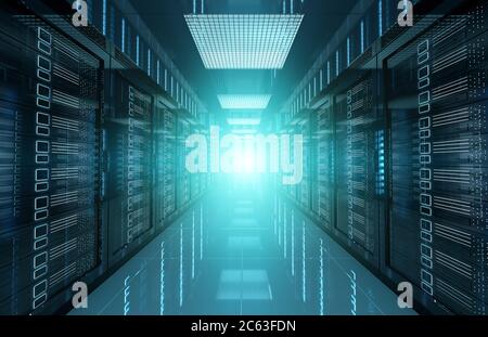 Sala del data center dei server bui con luce alogena luminosa che attraversa il rendering 3D del corridoio Foto Stock