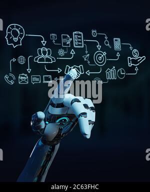 Umanoide bianco su sfondo sfocato creando un'interfaccia di intelligenza artificiale Foto Stock