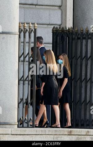 Madrid, Madrid, Spagna. 6 luglio 2020. Re Felipe VI, la regina Letizia, la principessa Leonor e la principessa Sofia di Spagna frequentano i reali spagnoli al funerale di massa del Covid-19 alla Cattedrale di la Almudena a Madrid, Spagna. Credit: Angel Perez/ZUMA Wire/Alamy Live News Foto Stock