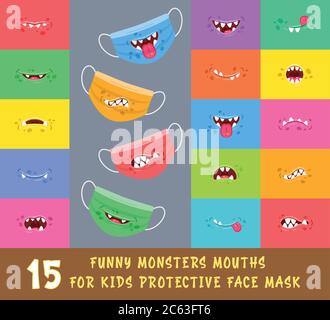 15 divertenti bocche per bambini maschera protettiva per il viso. Emoticon di cartoni animati pazzi. Illustrazione vettoriale. Illustrazione Vettoriale