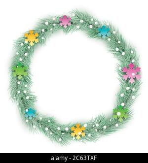 Rami di abete festivo. Decorazione di Natale. Cornice, banner. Corona rotonda di rami di abete. Vettore realistico. Illustrazione Vettoriale
