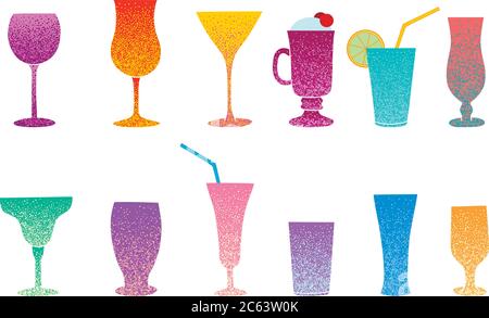 Sagome di cocktail, vino o bicchieri di champagne. Paglia da cocktail. Icone di trame di impostazione vettoriale Illustrazione Vettoriale