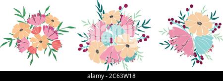 Set di bouquet di fiori, bacche, foglie e ramoscelli di piante fantasy. Fiori di campo selvatico. Illustrazione vettoriale Illustrazione Vettoriale