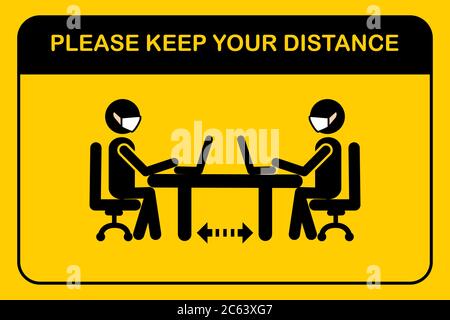 Social distancing workplace concept.People seduta quando si riunisce in Office.A uomo e una donna in maschere mediche mantenere una distanza sociale a work.NE Illustrazione Vettoriale