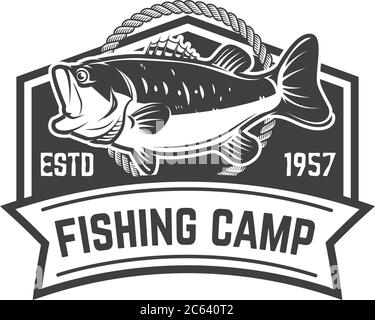 campo di pesca. Modello emblema con perch. Elemento di design per logo, etichetta, cartello, poster. Illustrazione vettoriale Illustrazione Vettoriale