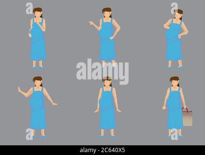 Set di sei illustrazioni vettoriali di donna incinta in blu maternità vestito cartoon carattere isolato su sfondo grigio. Illustrazione Vettoriale