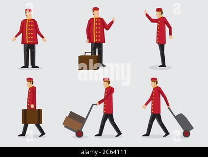 Set di sei illustrazioni vettoriali del portiere dell'hotel che indossa una giacca rossa e un cappuccio con bagagli in vista frontale e laterale. Illustrazione Vettoriale