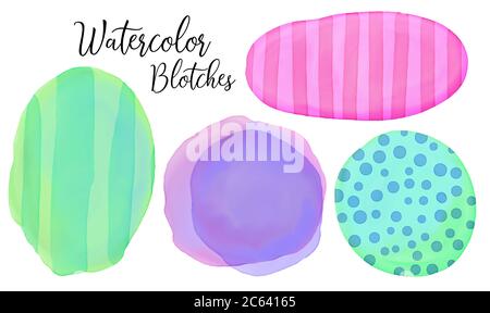 Macchie acquerello dipinte in blu verde rosa e viola, strapt striped blotch o blot, punti di vernice, e colori in divertenti elementi di design colorato w Foto Stock