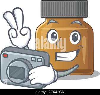 un fotografo professionista bottiglia vitamina b cartoon immagine lavorare con la fotocamera Illustrazione Vettoriale