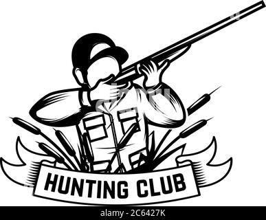 Caccia club.Illustrazione di cacciatore con fucile isolato su sfondo bianco. Elemento di design per logo, etichetta, emblema, segno. Illustrazione vettoriale Illustrazione Vettoriale