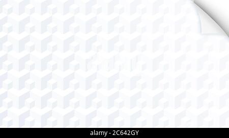 Cubi 3d bianchi, semplice sfondo geometrico astratto con risoluzione 4k. Proiezione isometrica. Angolo della carta arricciato. Foto Stock