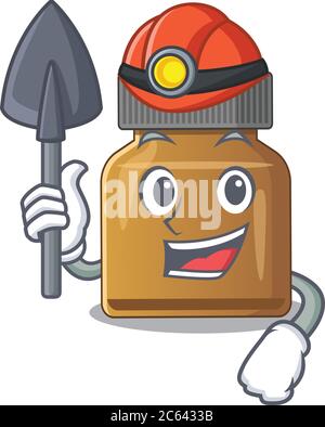 Un cartone animato di bottiglia di vitamina b minatore con strumento e casco Illustrazione Vettoriale