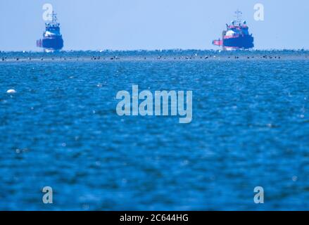 Più libera, Germania. 02 luglio 2020. Due rimorchiatore viaggiano sul lago Greifswald Bodden e si riflettono in acqua. Credit: Jens Büttner/dpa-Zentralbild/ZB/dpa/Alamy Live News Foto Stock