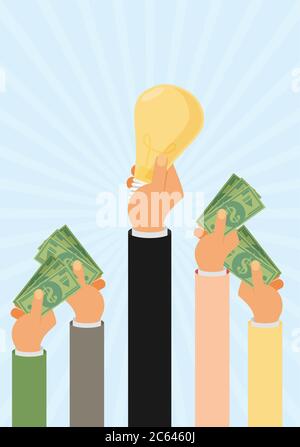 Crowdfunding, investire in idee, finanziare il progetto aumentando i contributi monetari, venture capital flat design colorato vettore illustrazione concep Illustrazione Vettoriale