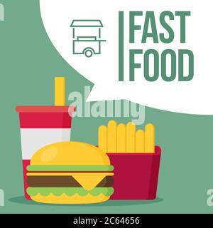 Patatine fritte, humburger e soda takeaway vettore di fondo. Design piatto per fast food Illustrazione Vettoriale