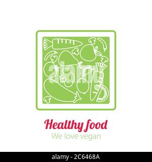 Vector logo design template con frutta e verdura icone nella trendy in stile lineare Illustrazione Vettoriale