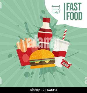 Patatine fritte, humburger e soda takeaway vettore di fondo. Design piatto per fast food Illustrazione Vettoriale