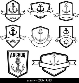 Set di emblemi nautici con ancoraggi. Elemento di design per logo, etichetta, simbolo. Badge. Illustrazione vettoriale Illustrazione Vettoriale