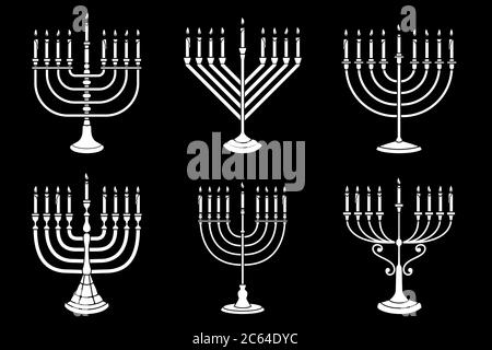 Set di illustrazioni della candela Hanukkah in stile di incisione isolato su sfondo bianco. Elemento di progettazione per poster, scheda, banner, cartello, emblema. Vettore Illustrazione Vettoriale