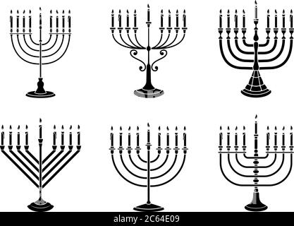 Set di illustrazioni della candela Hanukkah in stile di incisione isolato su sfondo bianco. Elemento di progettazione per poster, scheda, banner, cartello, emblema. Vettore Illustrazione Vettoriale