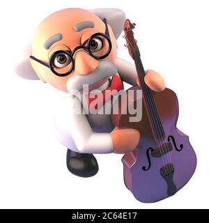 3d divertente cartoon pazzo personaggio scienziato pazzo che suona un doppio basso, illustrazione 3d Foto Stock