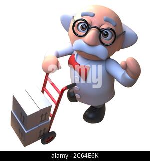 personaggio di uno scienziato pazzo di cartoni animati 3d che utilizza un carrello a mano per consegnare alcuni pacchi e pacchetti, illustrazione 3d Foto Stock