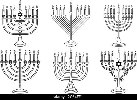 Set di illustrazioni della candela Hanukkah in stile di incisione isolato su sfondo bianco. Elemento di progettazione per poster, scheda, banner, cartello, emblema. Vettore Illustrazione Vettoriale