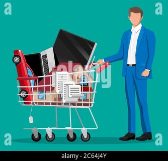 Cliente con carrello acquisti supermercato completamente isolato su sfondo verde. Carrello in metallo su ruote con costruzione di case, auto, computer portatile, tv e controllo della ricevuta. Illustrazione vettoriale in stile piatto Illustrazione Vettoriale