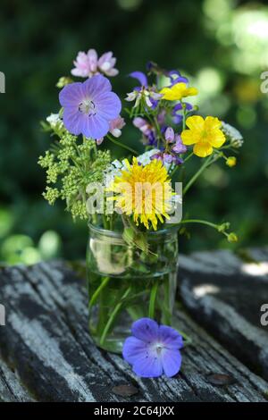 bouquet di fiori di prato in vaso di vetro Foto Stock