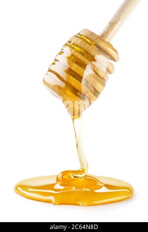 il miele gocciola da un cucchiaia di legno isolato su sfondo bianco Foto Stock