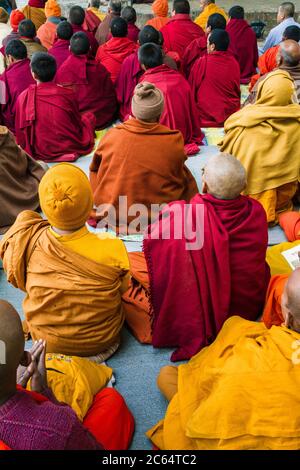 Piccolo gruppo di monaci buddisti in preghiera visto da dietro a Lumbini, Nepal. In inverno, indossa abiti e bebè colorati e spessi per mantenerti caldo Foto Stock