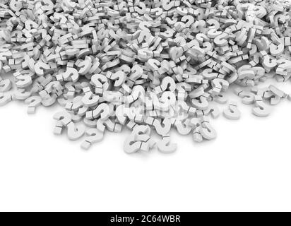Punti interrogativi bianchi simboli 3d su sfondo bianco Foto Stock
