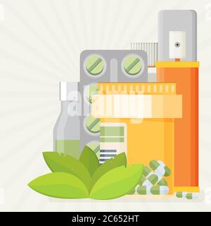 Illustrazione icona piatta di compresse e foglie, Medicina alternativa - vettore Illustrazione Vettoriale