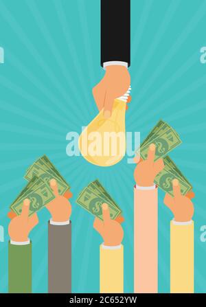 Crowdfunding, investire in idee, finanziare il progetto aumentando i contributi monetari, venture capital flat design colorato vettore illustrazione concep Illustrazione Vettoriale